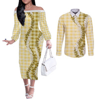 Yellow Hawaii Palaka Couples Matching Off The Shoulder Long Sleeve Dress and Long Sleeve Button Shirt Hawaiian Honohono Lei LT05 Yellow - Polynesian Pride