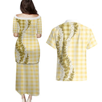 Yellow Hawaii Palaka Couples Matching Puletasi and Hawaiian Shirt Hawaiian Honohono Lei