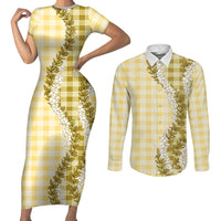 Yellow Hawaii Palaka Couples Matching Short Sleeve Bodycon Dress and Long Sleeve Button Shirt Hawaiian Honohono Lei LT05 Yellow - Polynesian Pride