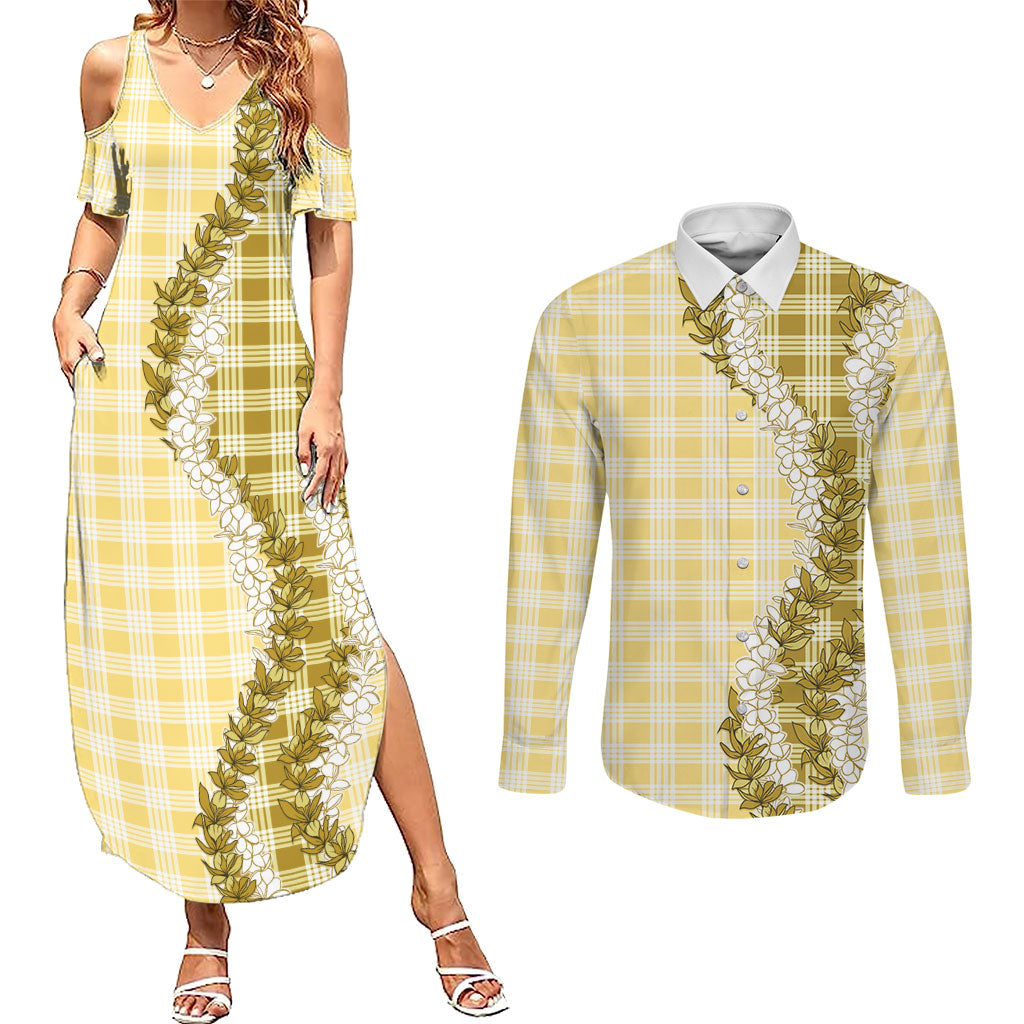 Yellow Hawaii Palaka Couples Matching Summer Maxi Dress and Long Sleeve Button Shirt Hawaiian Honohono Lei