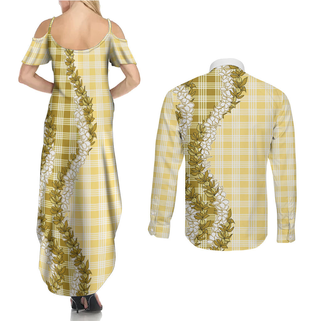Yellow Hawaii Palaka Couples Matching Summer Maxi Dress and Long Sleeve Button Shirt Hawaiian Honohono Lei