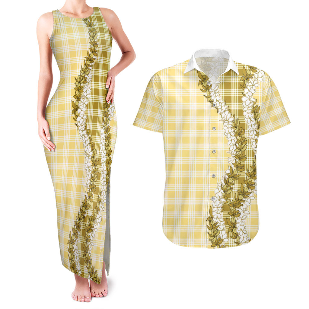 Yellow Hawaii Palaka Couples Matching Tank Maxi Dress and Hawaiian Shirt Hawaiian Honohono Lei LT05 Yellow - Polynesian Pride