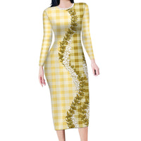 Yellow Hawaii Palaka Family Matching Long Sleeve Bodycon Dress and Hawaiian Shirt Hawaiian Honohono Lei LT05 Mom's Dress Yellow - Polynesian Pride