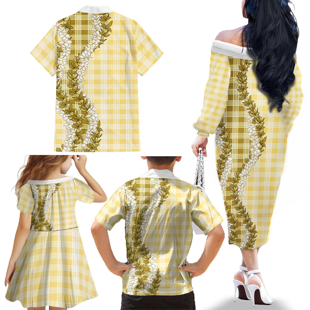 Yellow Hawaii Palaka Family Matching Off The Shoulder Long Sleeve Dress and Hawaiian Shirt Hawaiian Honohono Lei LT05 - Polynesian Pride