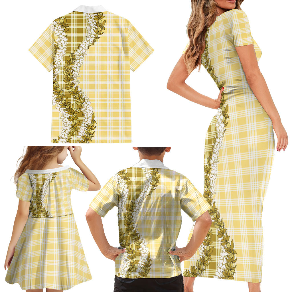 Yellow Hawaii Palaka Family Matching Short Sleeve Bodycon Dress and Hawaiian Shirt Hawaiian Honohono Lei LT05 - Polynesian Pride