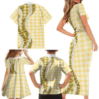 Yellow Hawaii Palaka Family Matching Short Sleeve Bodycon Dress and Hawaiian Shirt Hawaiian Honohono Lei LT05 - Polynesian Pride