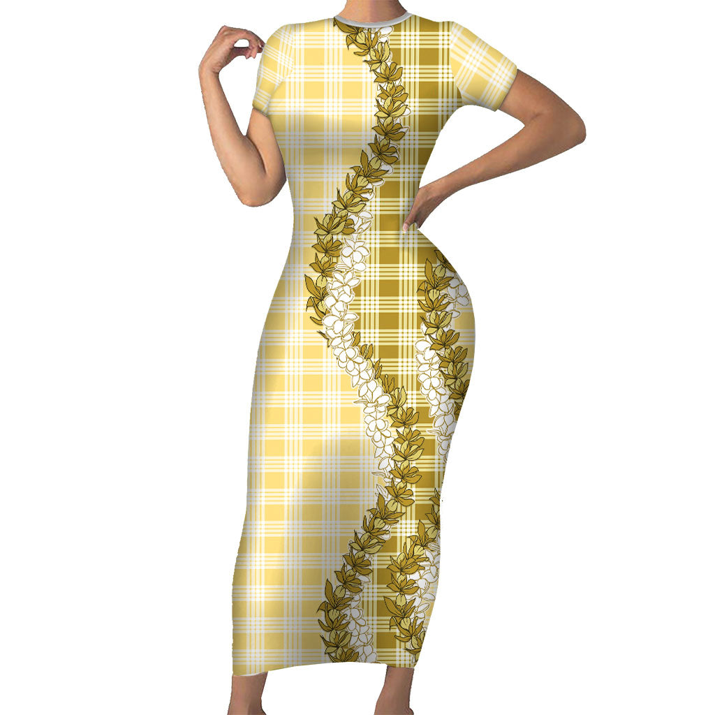 Yellow Hawaii Palaka Family Matching Short Sleeve Bodycon Dress and Hawaiian Shirt Hawaiian Honohono Lei LT05 Mom's Dress Yellow - Polynesian Pride