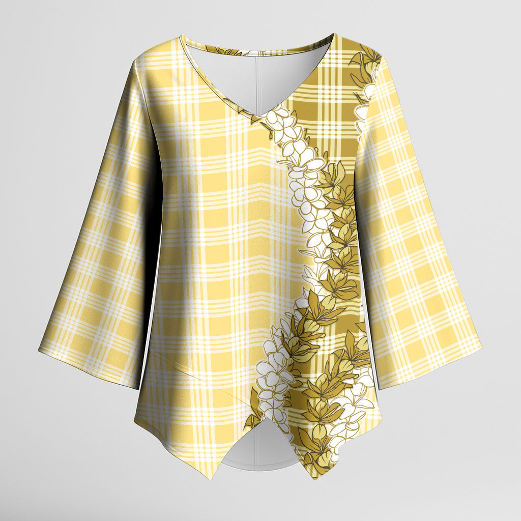 Yellow Hawaii Palaka Kimono Sleeve Blouse Hawaiian Honohono Lei