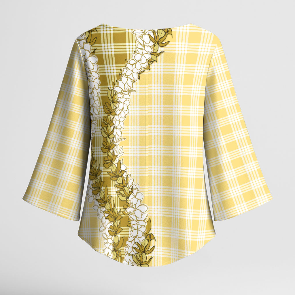 Yellow Hawaii Palaka Kimono Sleeve Blouse Hawaiian Honohono Lei