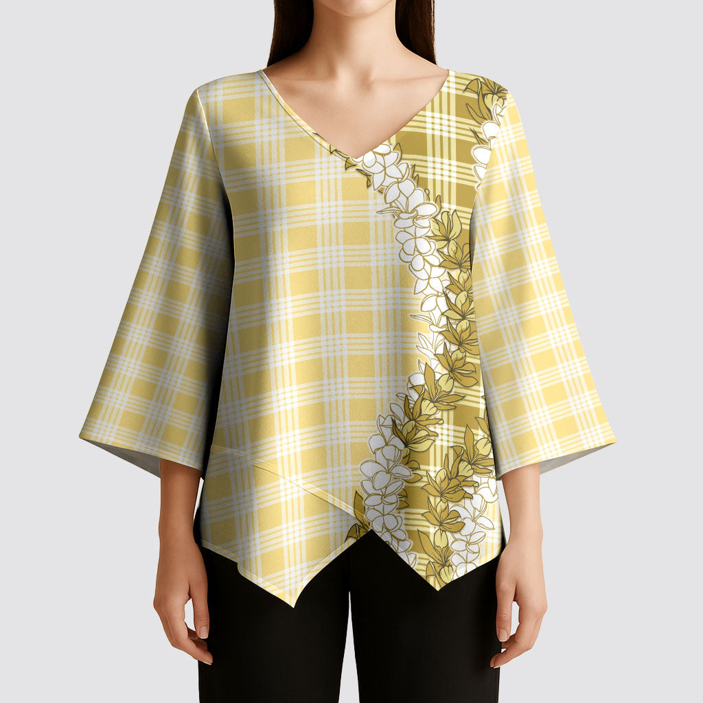 Yellow Hawaii Palaka Kimono Sleeve Blouse Hawaiian Honohono Lei