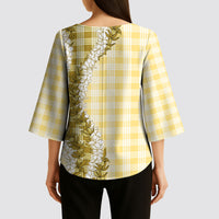 Yellow Hawaii Palaka Kimono Sleeve Blouse Hawaiian Honohono Lei