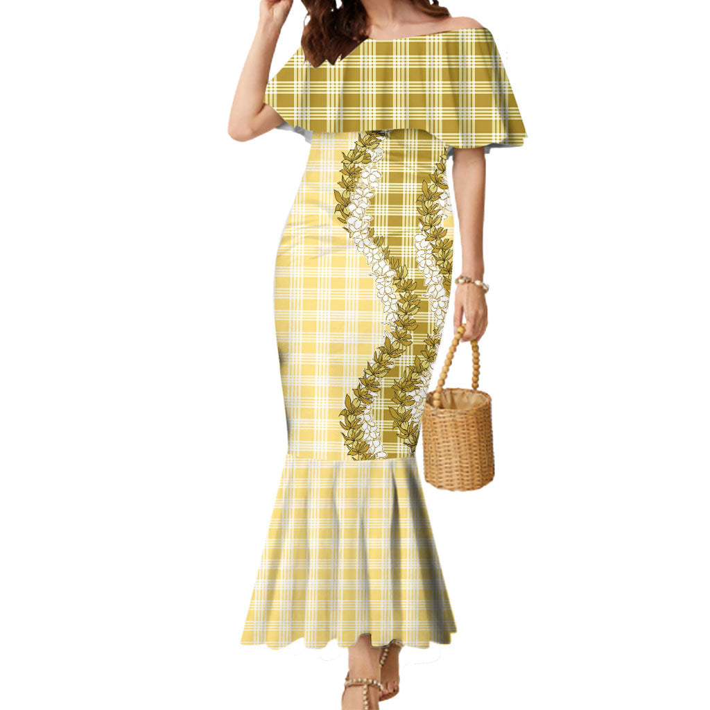 Yellow Hawaii Palaka Mermaid Dress Hawaiian Honohono Lei