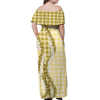 Yellow Hawaii Palaka Off Shoulder Maxi Dress Hawaiian Honohono Lei