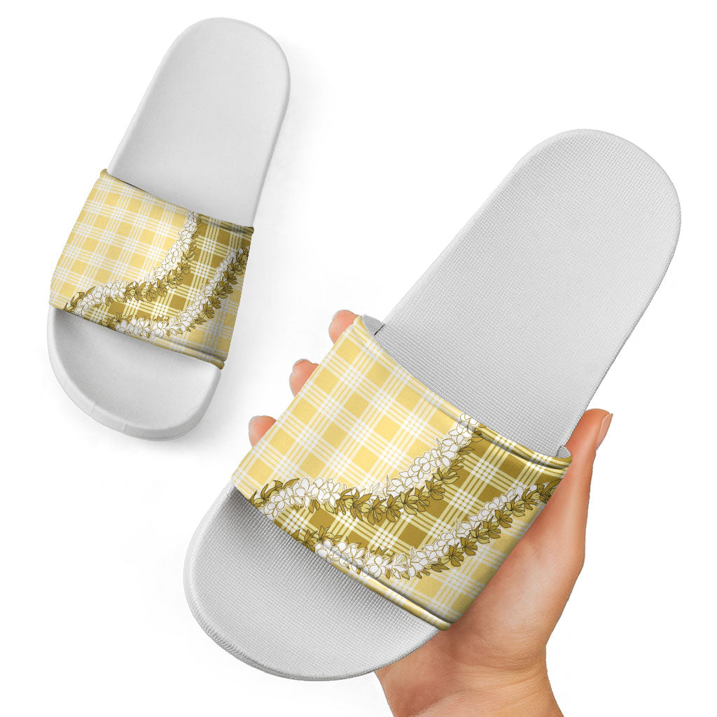 Yellow Hawaii Palaka Slide Sandals Hawaiian Honohono Lei