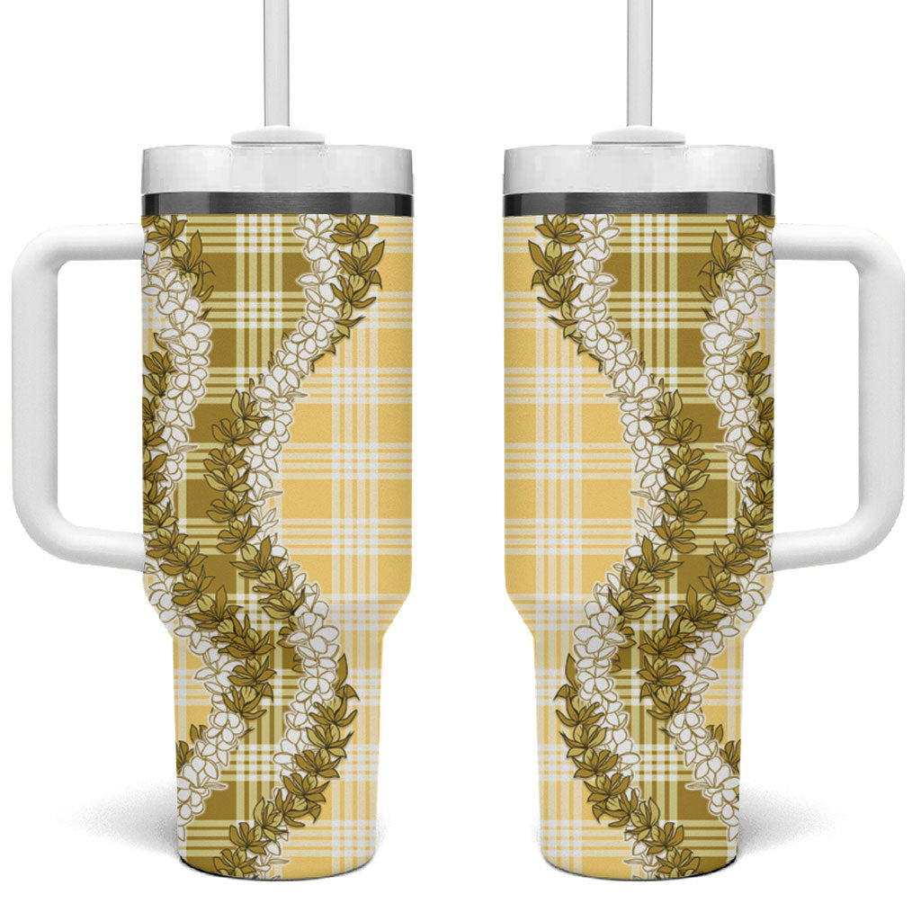 Yellow Hawaii Palaka Tumbler With Handle Hawaiian Honohono Lei