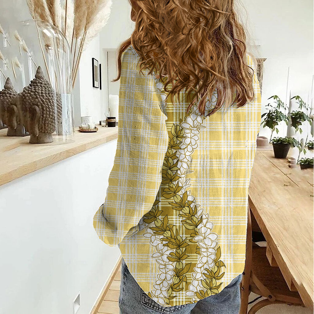 Yellow Hawaii Palaka Women Casual Shirt Hawaiian Honohono Lei