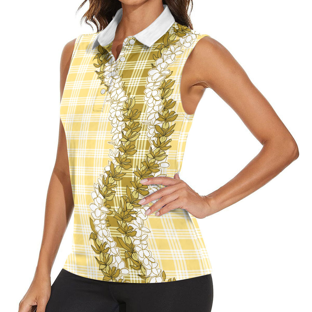 Yellow Hawaii Palaka Women Sleeveless Polo Shirt Hawaiian Honohono Lei