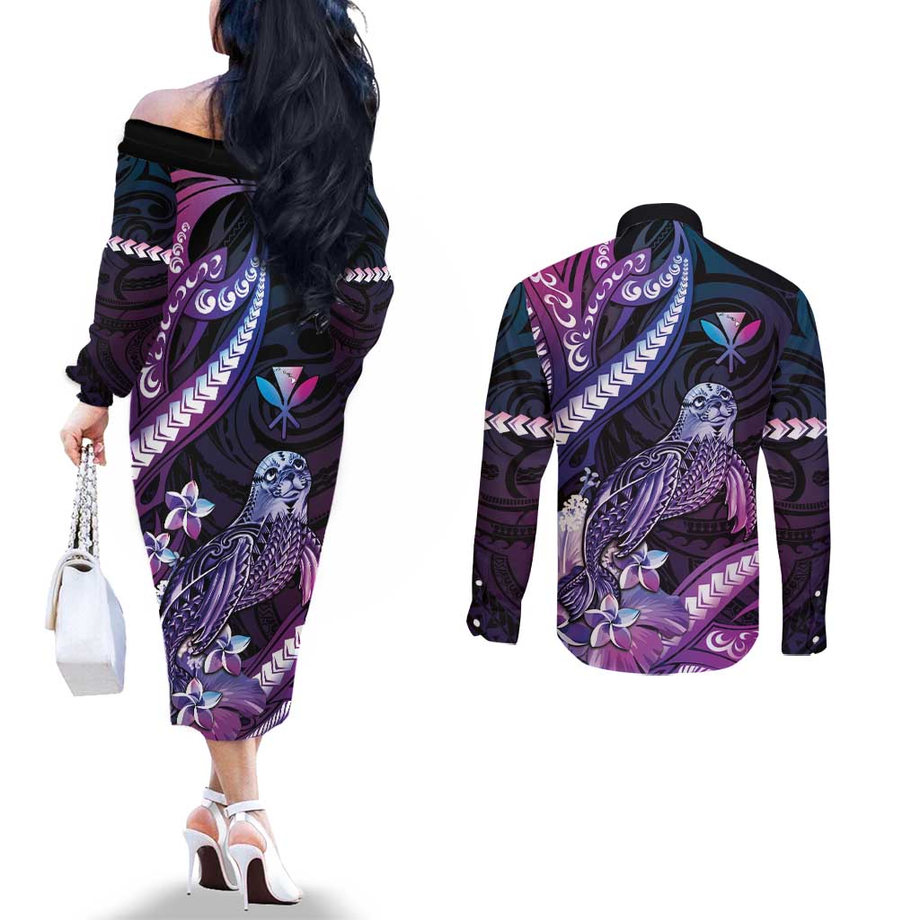 Hawaiian Monk Seal Couples Matching Off The Shoulder Long Sleeve Dress and Long Sleeve Button Shirt Kakau Tribal Pattern Violet Gradient