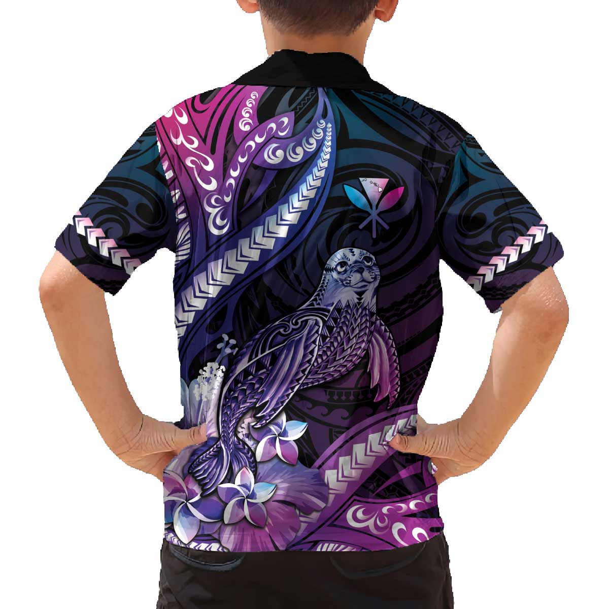Hawaiian Monk Seal Family Matching Off The Shoulder Long Sleeve Dress and Hawaiian Shirt Kakau Tribal Pattern Violet Gradient LT05 - Polynesian Pride