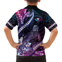 Hawaiian Monk Seal Family Matching Off The Shoulder Long Sleeve Dress and Hawaiian Shirt Kakau Tribal Pattern Violet Gradient LT05 - Polynesian Pride