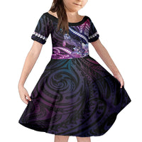 Hawaiian Monk Seal Family Matching Off The Shoulder Long Sleeve Dress and Hawaiian Shirt Kakau Tribal Pattern Violet Gradient LT05 Daughter's Dress Violet - Polynesian Pride