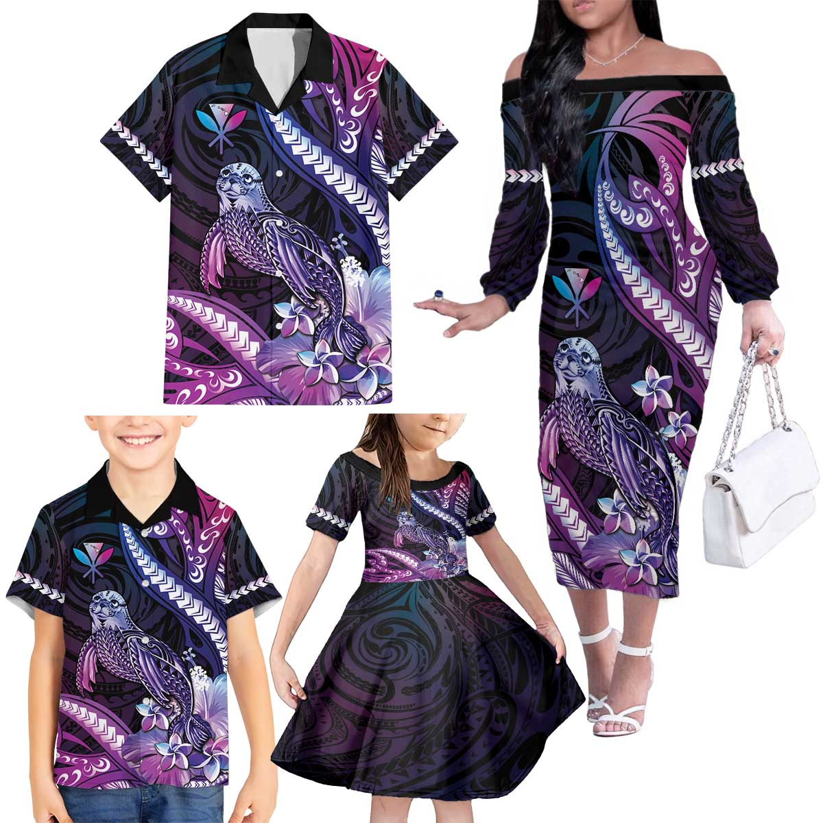 Hawaiian Monk Seal Family Matching Off The Shoulder Long Sleeve Dress and Hawaiian Shirt Kakau Tribal Pattern Violet Gradient LT05 - Polynesian Pride