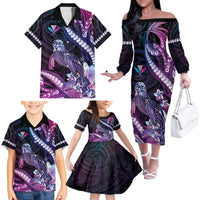 Hawaiian Monk Seal Family Matching Off The Shoulder Long Sleeve Dress and Hawaiian Shirt Kakau Tribal Pattern Violet Gradient LT05 - Polynesian Pride