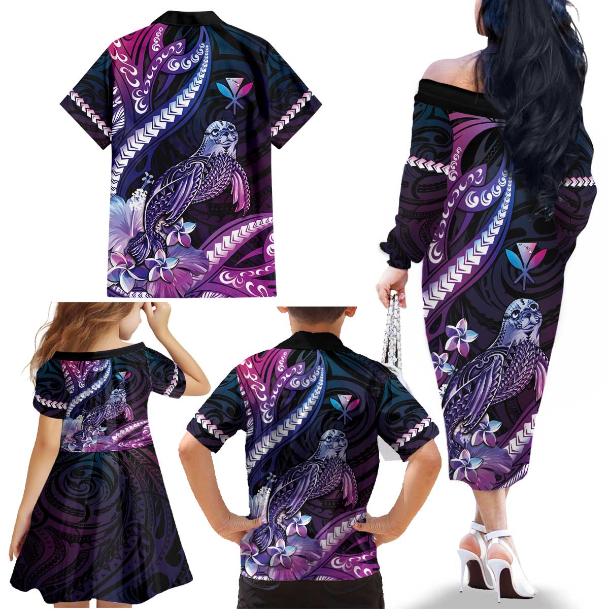 Hawaiian Monk Seal Family Matching Off The Shoulder Long Sleeve Dress and Hawaiian Shirt Kakau Tribal Pattern Violet Gradient LT05 - Polynesian Pride