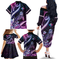 Hawaiian Monk Seal Family Matching Off The Shoulder Long Sleeve Dress and Hawaiian Shirt Kakau Tribal Pattern Violet Gradient LT05 - Polynesian Pride