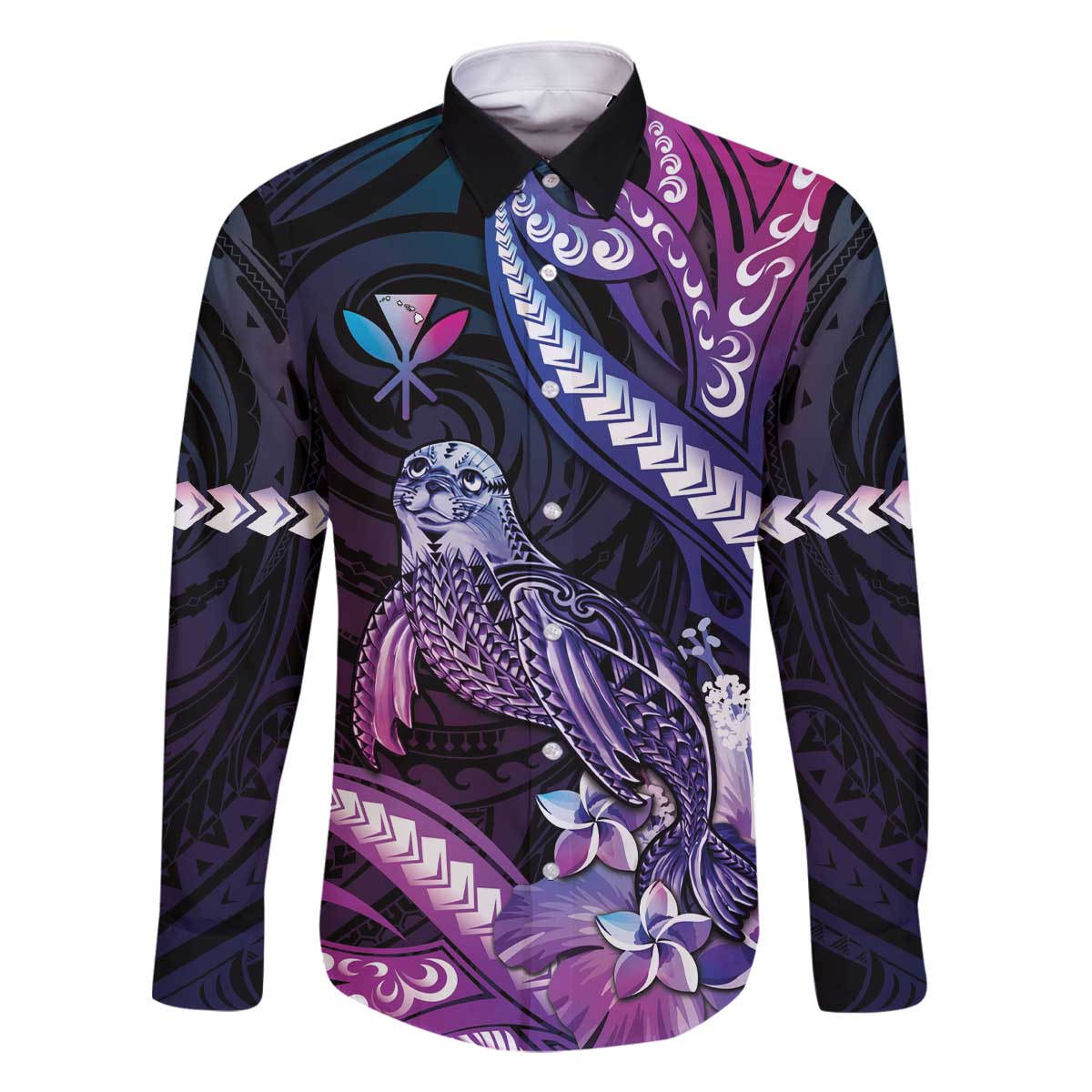 Hawaiian Monk Seal Family Matching Off The Shoulder Long Sleeve Dress and Hawaiian Shirt Kakau Tribal Pattern Violet Gradient LT05 Dad's Shirt - Long Sleeve Violet - Polynesian Pride