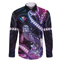 Hawaiian Monk Seal Family Matching Off The Shoulder Long Sleeve Dress and Hawaiian Shirt Kakau Tribal Pattern Violet Gradient LT05 Dad's Shirt - Long Sleeve Violet - Polynesian Pride