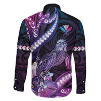 Hawaiian Monk Seal Family Matching Off The Shoulder Long Sleeve Dress and Hawaiian Shirt Kakau Tribal Pattern Violet Gradient LT05 - Polynesian Pride