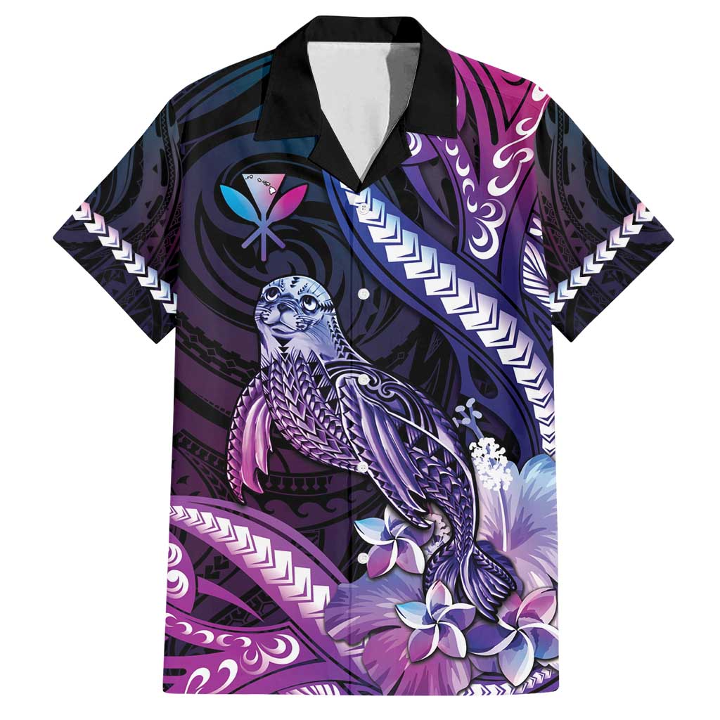 Hawaiian Monk Seal Family Matching Off Shoulder Maxi Dress and Hawaiian Shirt Kakau Tribal Pattern Violet Gradient LT05 Dad's Shirt - Short Sleeve Violet - Polynesian Pride
