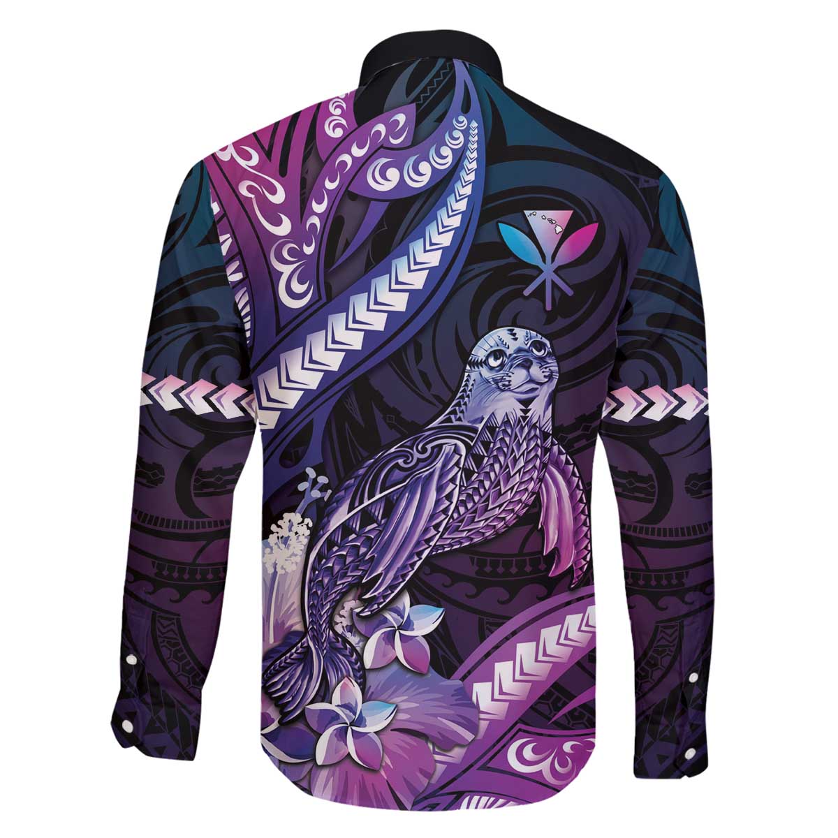 Hawaiian Monk Seal Family Matching Off Shoulder Short Dress and Hawaiian Shirt Kakau Tribal Pattern Violet Gradient