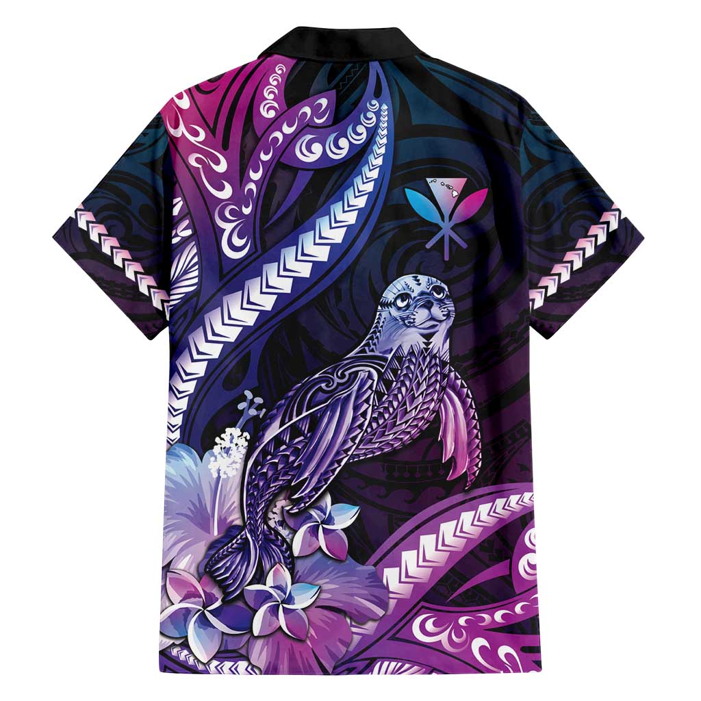 Hawaiian Monk Seal Family Matching Tank Maxi Dress and Hawaiian Shirt Kakau Tribal Pattern Violet Gradient