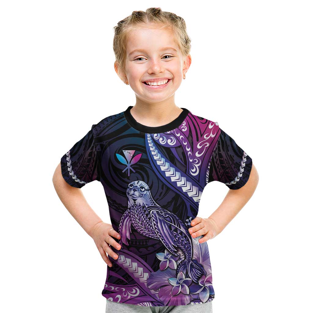 Hawaiian Monk Seal Kid T Shirt Kakau Tribal Pattern Violet Gradient