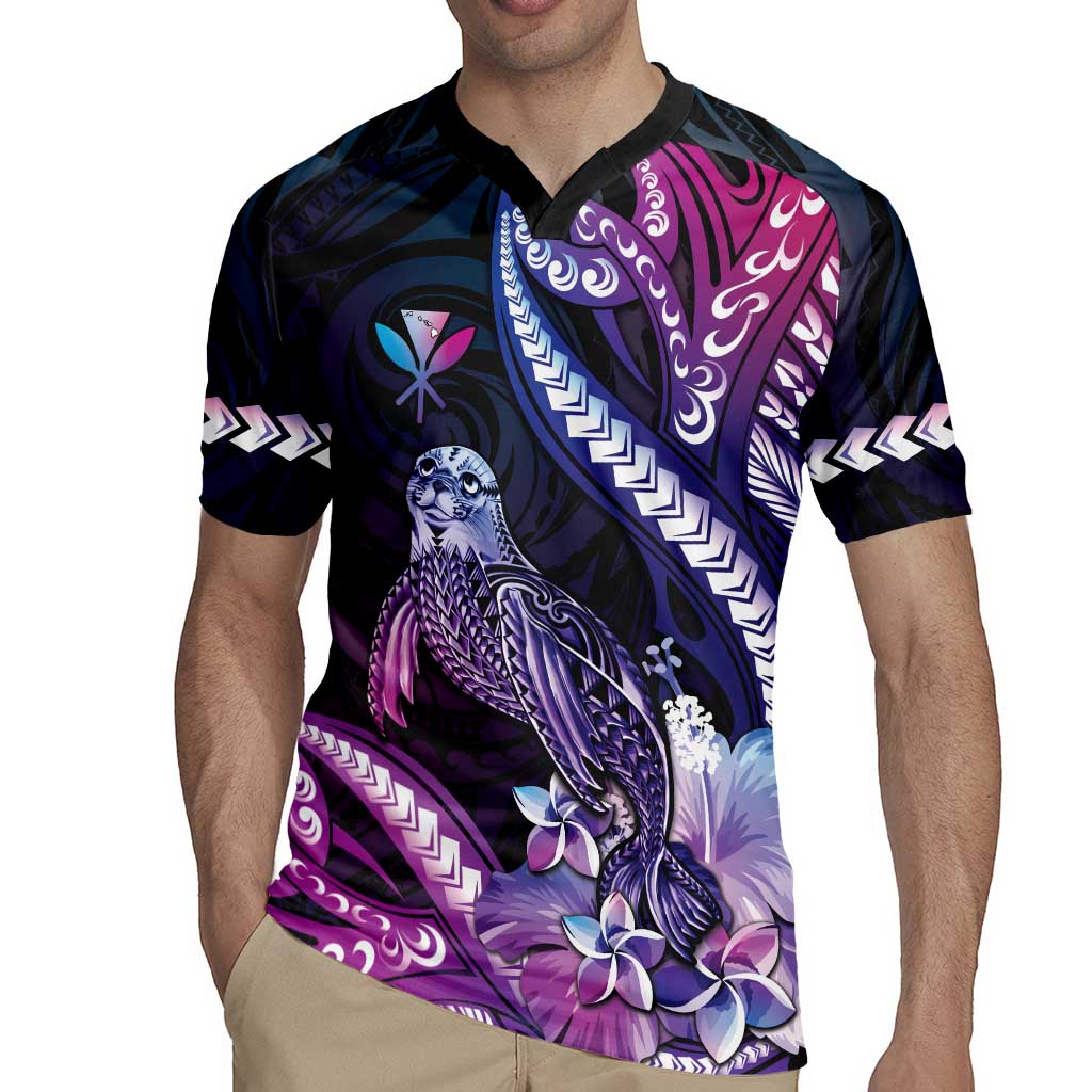 Hawaiian Monk Seal Rugby Jersey Kakau Tribal Pattern Violet Gradient