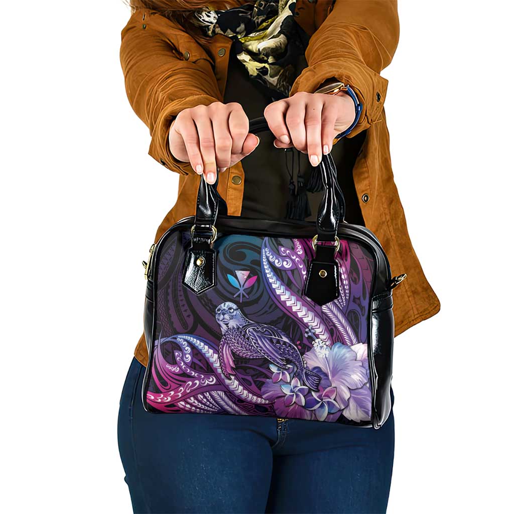 Hawaiian Monk Seal Shoulder Handbag Kakau Tribal Pattern Violet Gradient