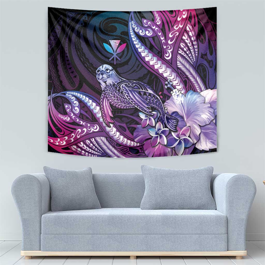 Hawaiian Monk Seal Tapestry Kakau Tribal Pattern Violet Gradient