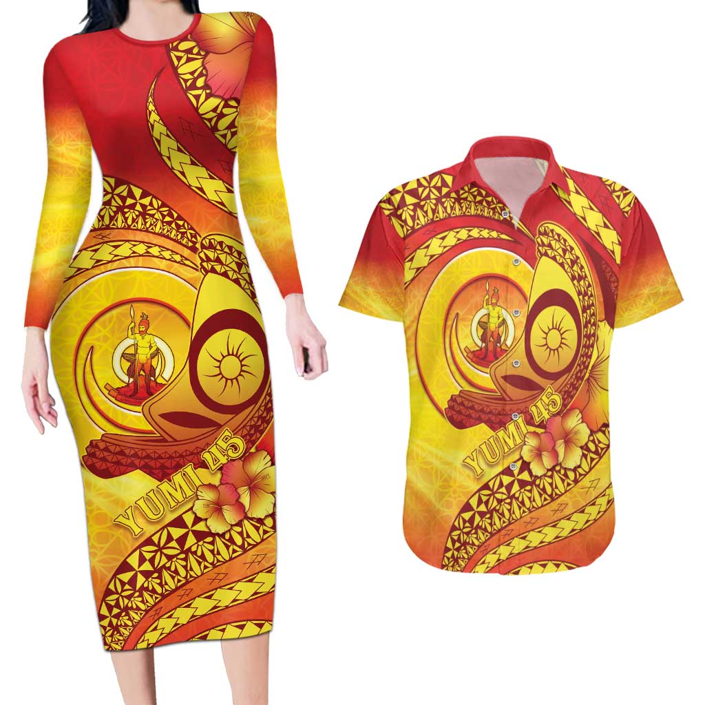Vanuatu 45 Yia Indipendens Anivesari Couples Matching Long Sleeve Bodycon Dress and Hawaiian Shirt Tamtam Drum With Boar Tusk LT05 Yellow - Polynesian Pride