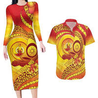 Vanuatu 45 Yia Indipendens Anivesari Couples Matching Long Sleeve Bodycon Dress and Hawaiian Shirt Tamtam Drum With Boar Tusk LT05 Yellow - Polynesian Pride