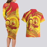 Vanuatu 45 Yia Indipendens Anivesari Couples Matching Long Sleeve Bodycon Dress and Hawaiian Shirt Tamtam Drum With Boar Tusk LT05 - Polynesian Pride