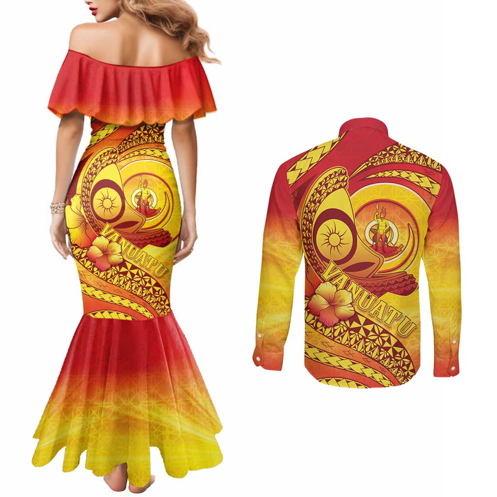 Vanuatu 45 Yia Indipendens Anivesari Couples Matching Mermaid Dress and Long Sleeve Button Shirt Tamtam Drum With Boar Tusk LT05 - Polynesian Pride