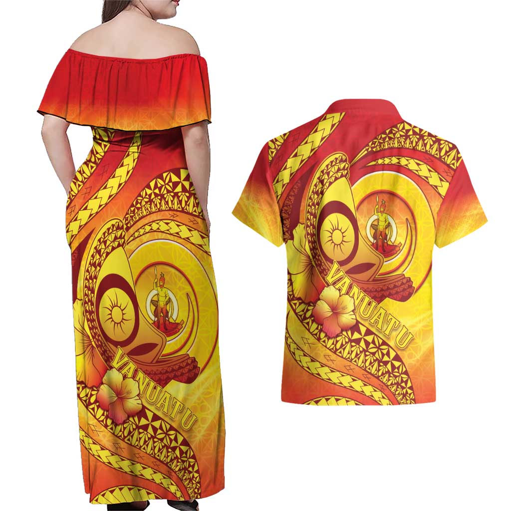 Vanuatu 45 Yia Indipendens Anivesari Couples Matching Off Shoulder Maxi Dress and Hawaiian Shirt Tamtam Drum With Boar Tusk LT05 - Polynesian Pride