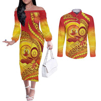 Vanuatu 45 Yia Indipendens Anivesari Couples Matching Off The Shoulder Long Sleeve Dress and Long Sleeve Button Shirt Tamtam Drum With Boar Tusk LT05 Yellow - Polynesian Pride