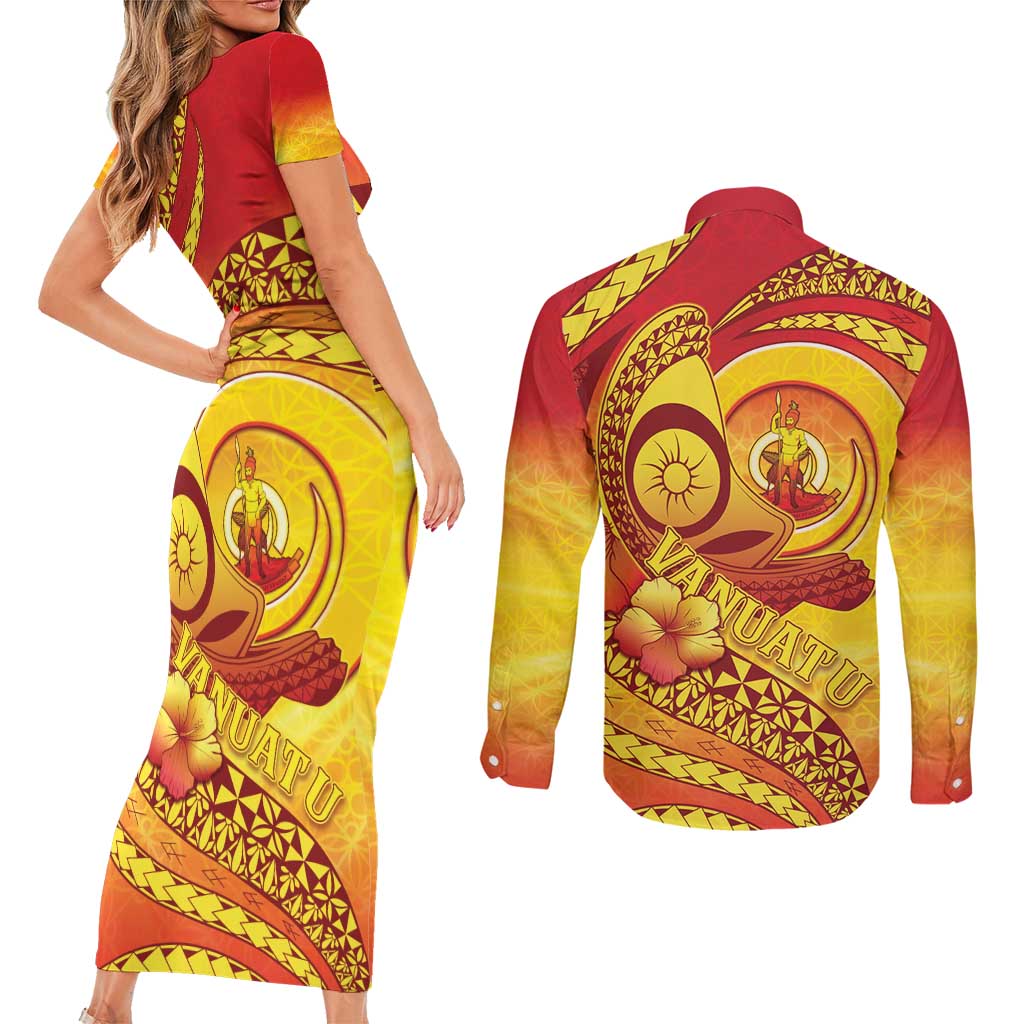 Vanuatu 45 Yia Indipendens Anivesari Couples Matching Short Sleeve Bodycon Dress and Long Sleeve Button Shirt Tamtam Drum With Boar Tusk LT05 - Polynesian Pride