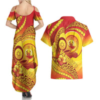 Vanuatu 45 Yia Indipendens Anivesari Couples Matching Summer Maxi Dress and Hawaiian Shirt Tamtam Drum With Boar Tusk LT05 - Polynesian Pride
