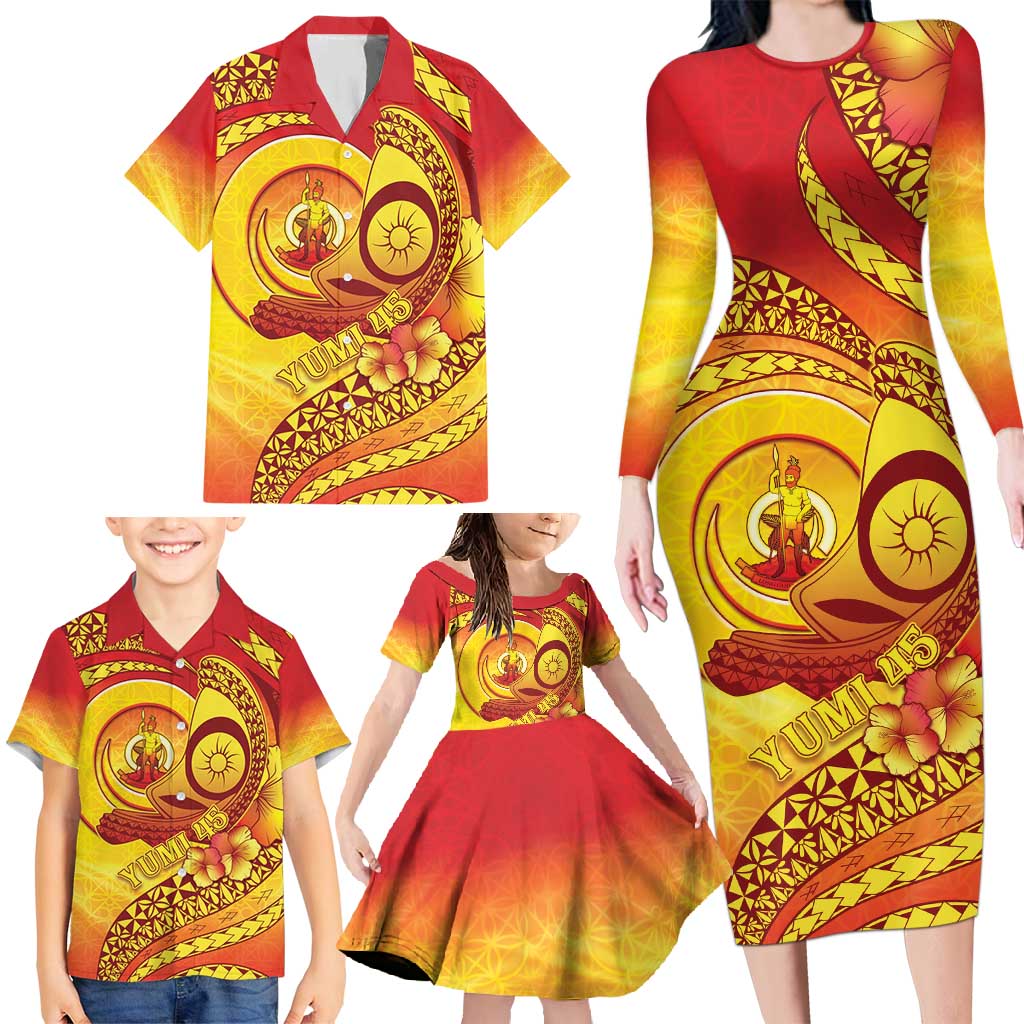 Vanuatu 45 Yia Indipendens Anivesari Family Matching Long Sleeve Bodycon Dress and Hawaiian Shirt Tamtam Drum With Boar Tusk LT05 - Polynesian Pride