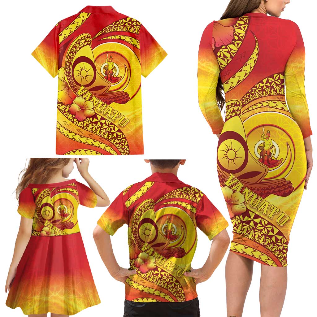 Vanuatu 45 Yia Indipendens Anivesari Family Matching Long Sleeve Bodycon Dress and Hawaiian Shirt Tamtam Drum With Boar Tusk LT05 - Polynesian Pride