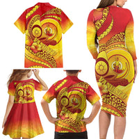 Vanuatu 45 Yia Indipendens Anivesari Family Matching Long Sleeve Bodycon Dress and Hawaiian Shirt Tamtam Drum With Boar Tusk LT05 - Polynesian Pride